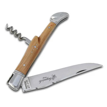laguiole knife juniper wood, leather sheath, sharpening stone